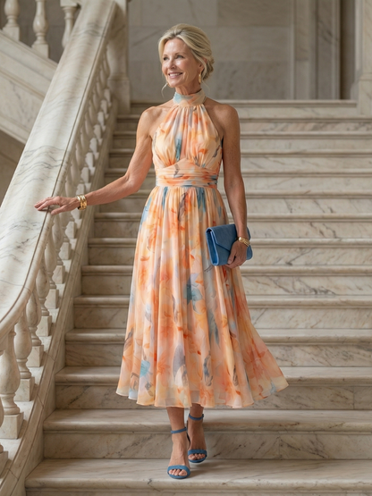Vestido Midi Suave con Cuello Halter y Efecto Recogido | Diseño Elegante