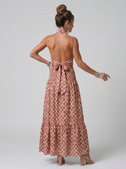 Vestido Midi Cruzado con Estampado Geométrico y Cuello Halter | Elegante