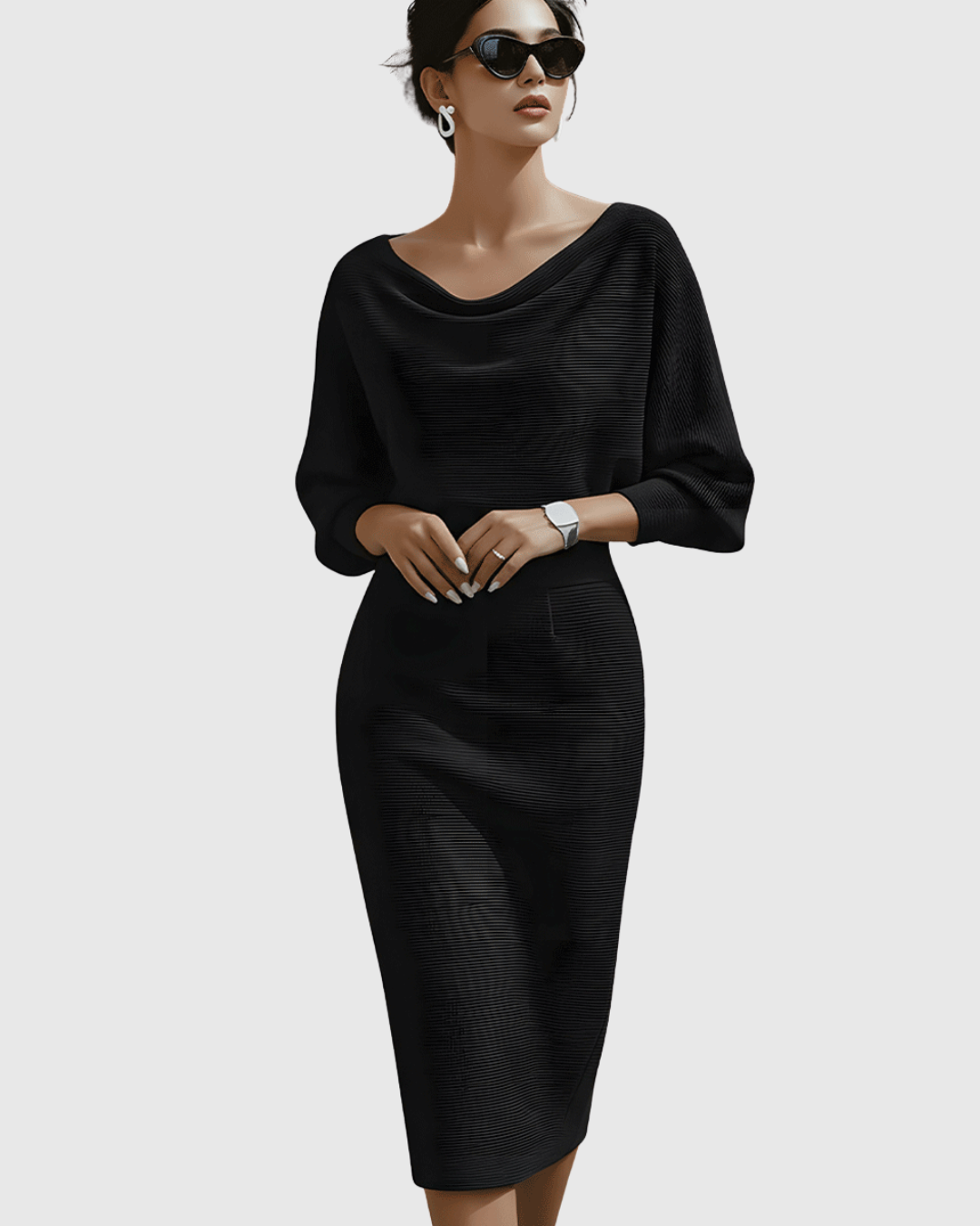 Vestido midi drapeado con mangas murciélago y escote elegante para mujer, sofisticado y cómodo para oficina o evento