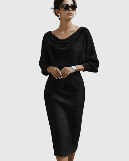 Vestido midi drapeado con mangas murciélago y escote elegante para mujer, sofisticado y cómodo para oficina o evento