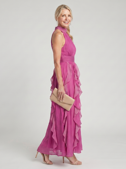 Vestido Maxi con Cuello Alto y Volantes Recogidos | Estilo Elegante
