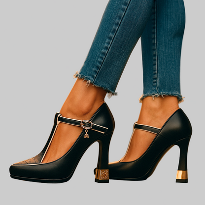 Tacones ortopédicos elegantes con correa en el empeine, punta cerrada y plantilla ergonómica para mujer, cómodos para oficina o evento