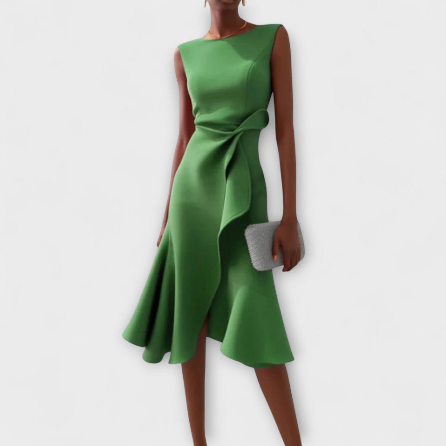 Vestido midi sofisticado sin mangas con cintura entallada y falda con vuelo para mujer