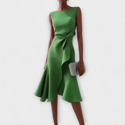 Vestido midi sofisticado sin mangas con cintura entallada y falda con vuelo para mujer