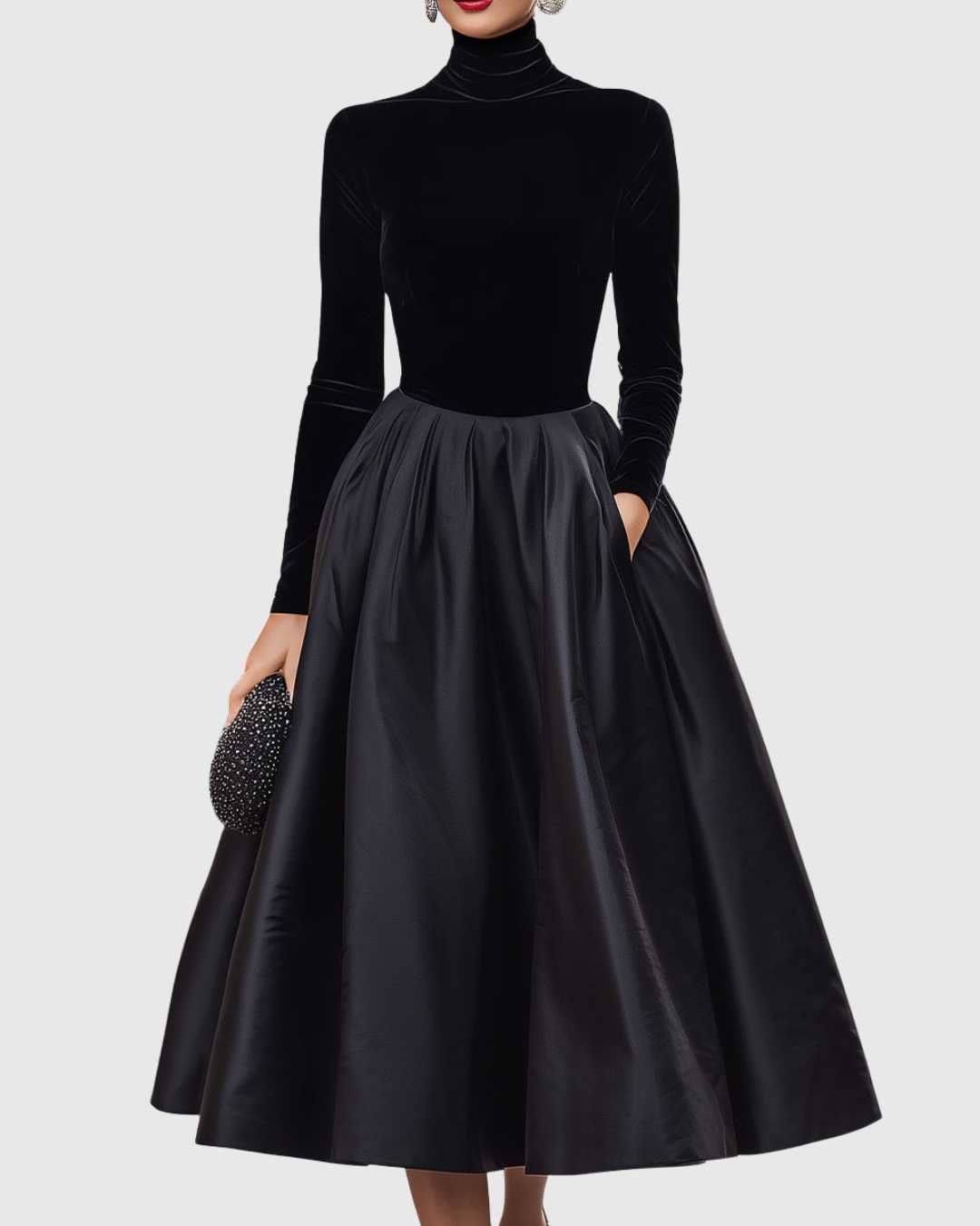 Vestido midi elegante de terciopelo y satén con cuello alto y falda amplia para mujer, sofisticado y cálido para fiesta o evento