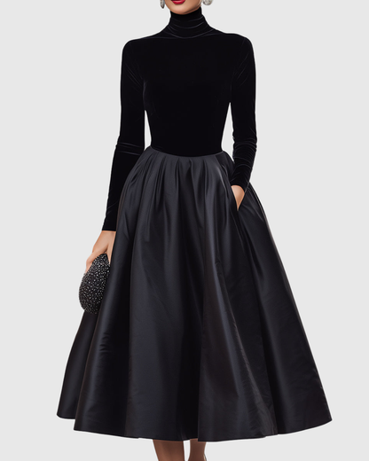 Vestido midi elegante de terciopelo y satén con cuello alto y falda amplia para mujer, sofisticado y cálido para fiesta o evento