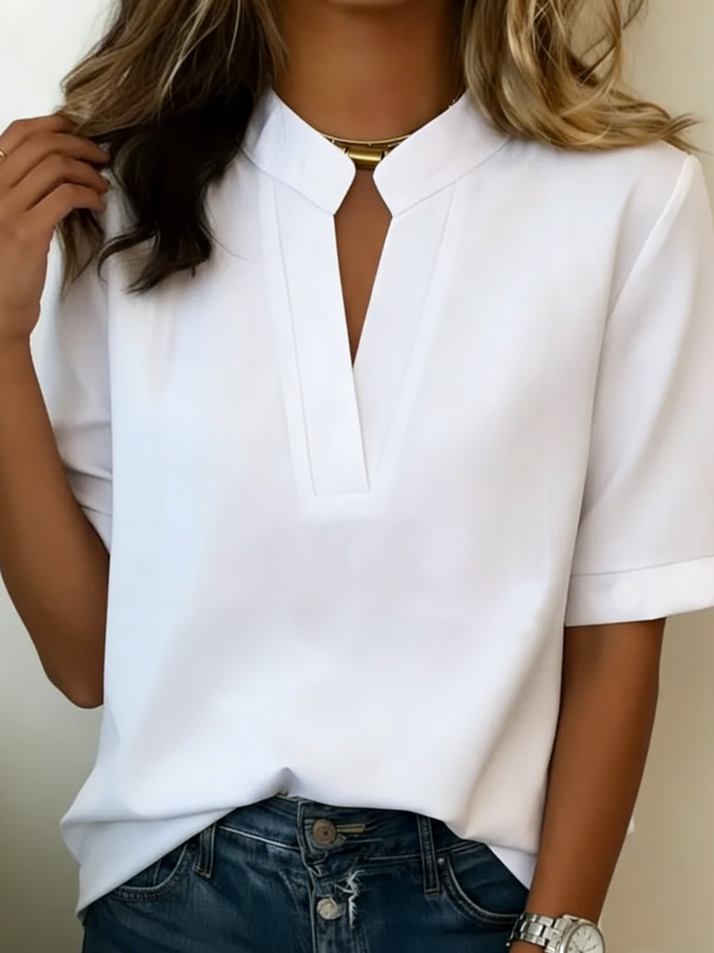 Blusa Casual Con Cuello en V Y Manga Corta Para Mujer - Perfecta Para Verano
