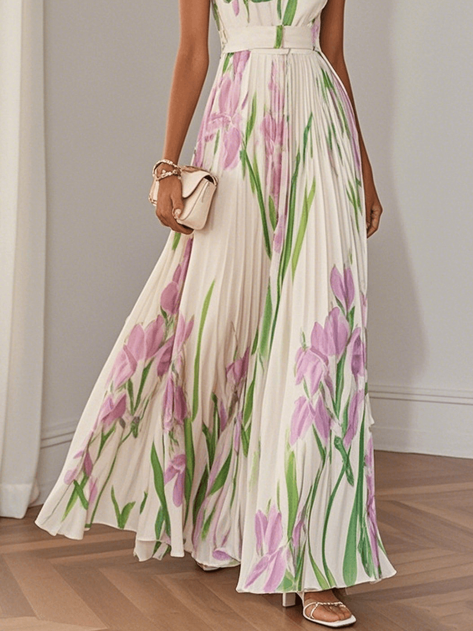 Vestido Maxi Drapeado Con Flores Para Fiestas