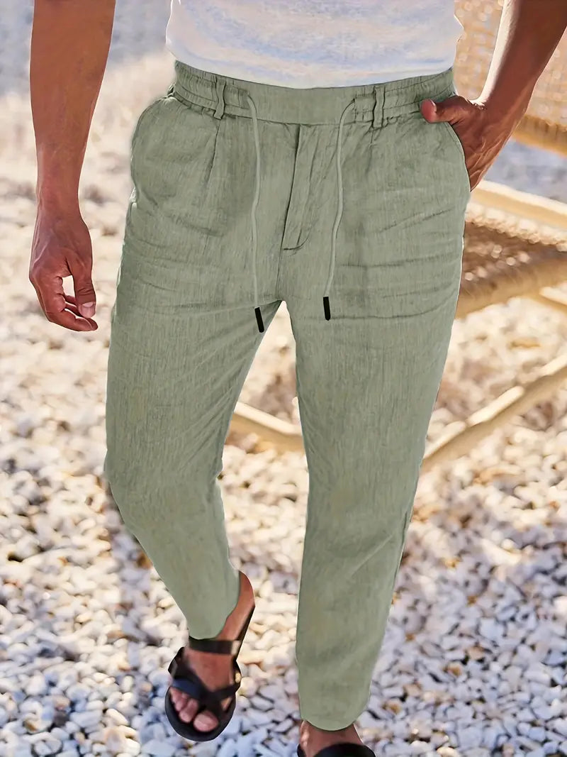 Pantalones anchos de lino con cordón para mujer, ligeros y transpirables para verano o viaje