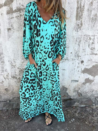 Vestido estampado animal con escote en V y bolsillos laterales para mujer, ligero y versátil para verano