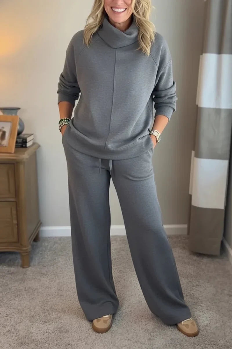 Elegante conjunto informal de dos piezas para mujer con top de cuello alto y pantalón ancho cómodo