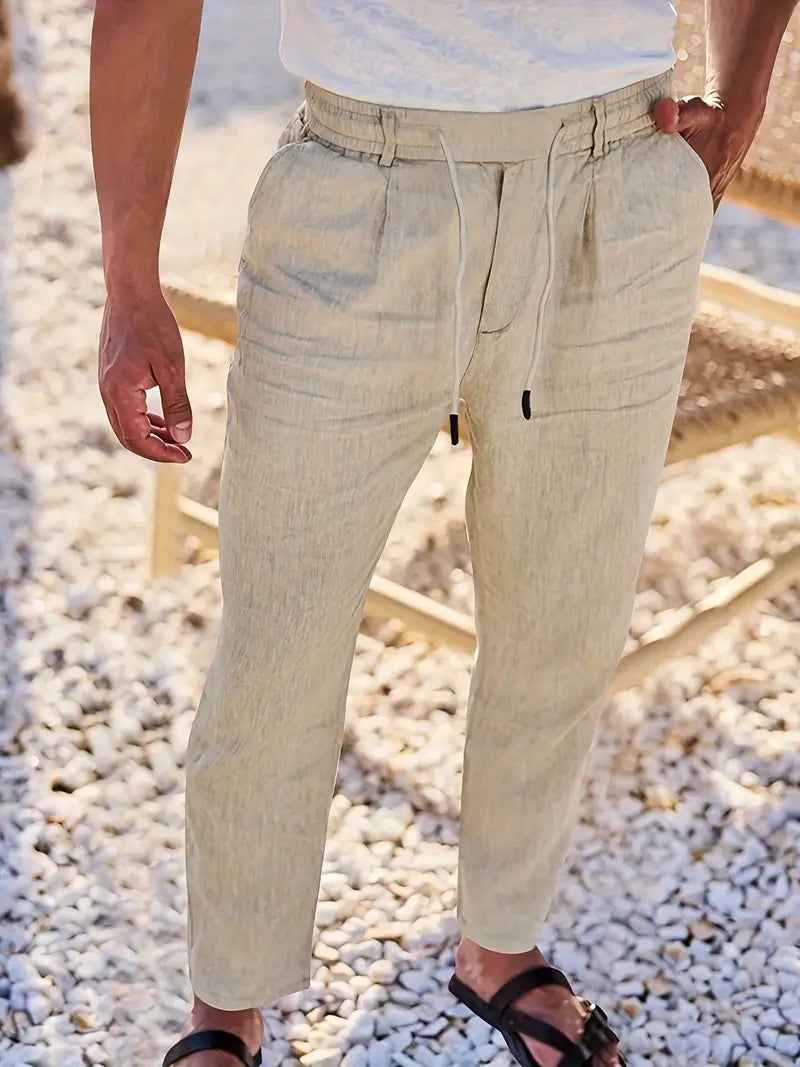 Pantalones anchos de lino con cordón para mujer, ligeros y transpirables para verano o viaje