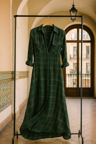 Vestido largo a cuadros verdes para mujer, elegante y ligero para otoño