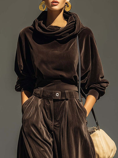 Conjunto vintage de terciopelo marrón para mujer con sudadera con capucha y pantalón holgado, suave, cómodo y elegante
