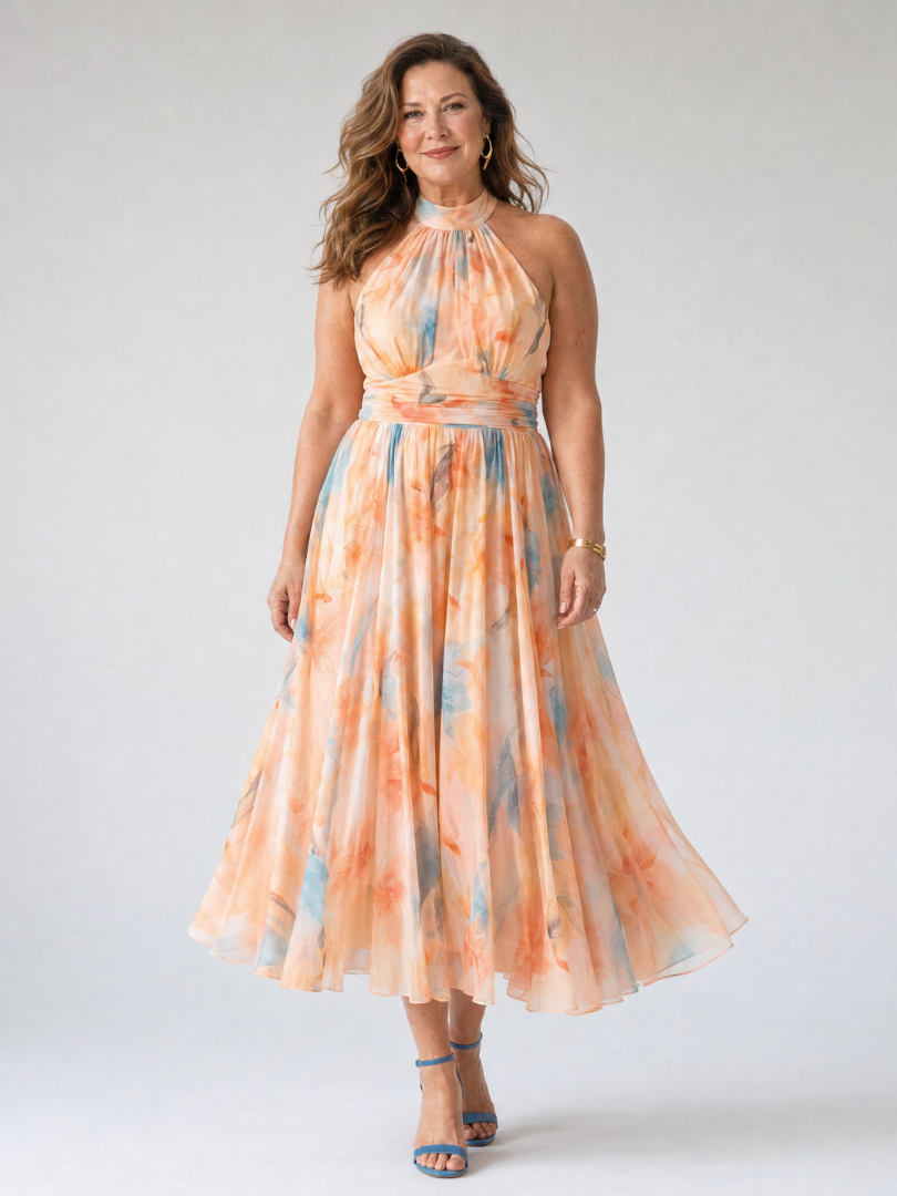 Vestido Midi Suave con Cuello Halter y Efecto Recogido | Diseño Elegante