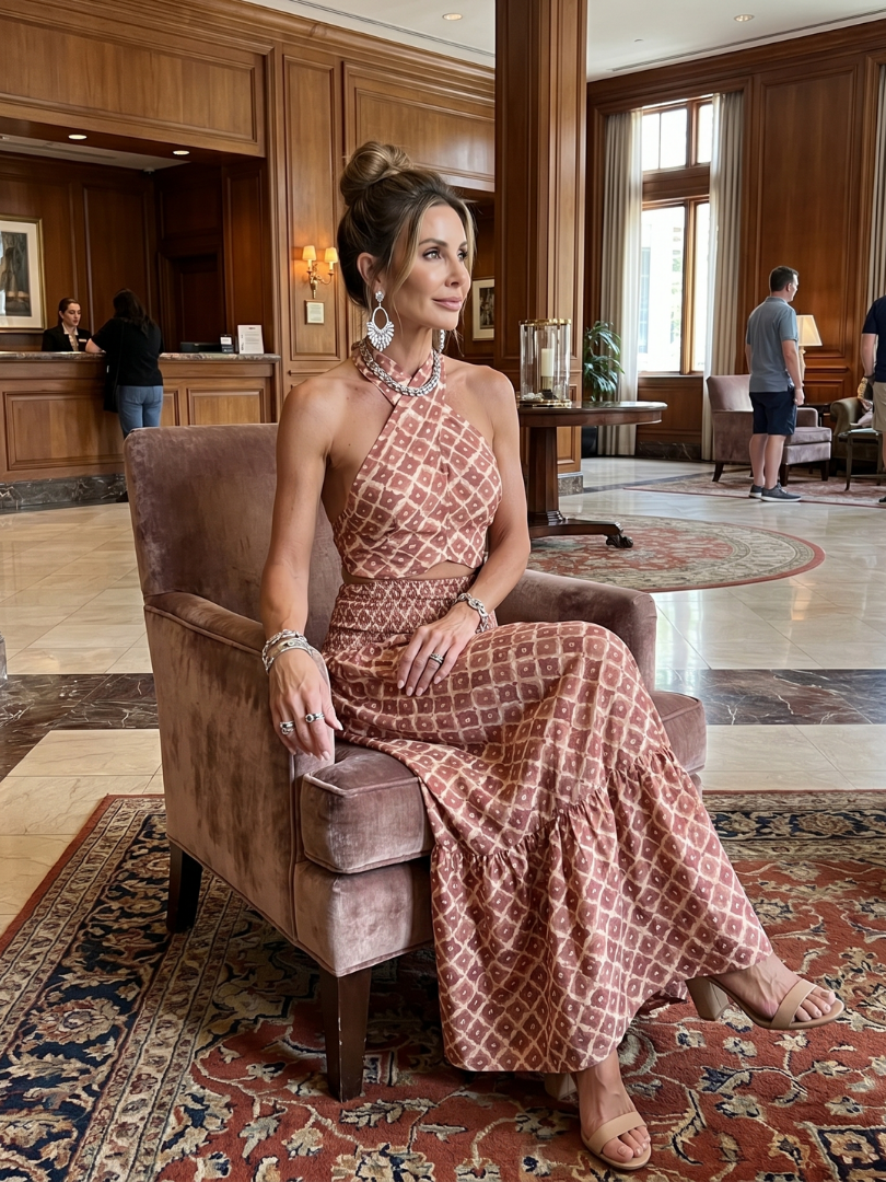 Vestido Midi Cruzado con Estampado Geométrico y Cuello Halter | Elegante