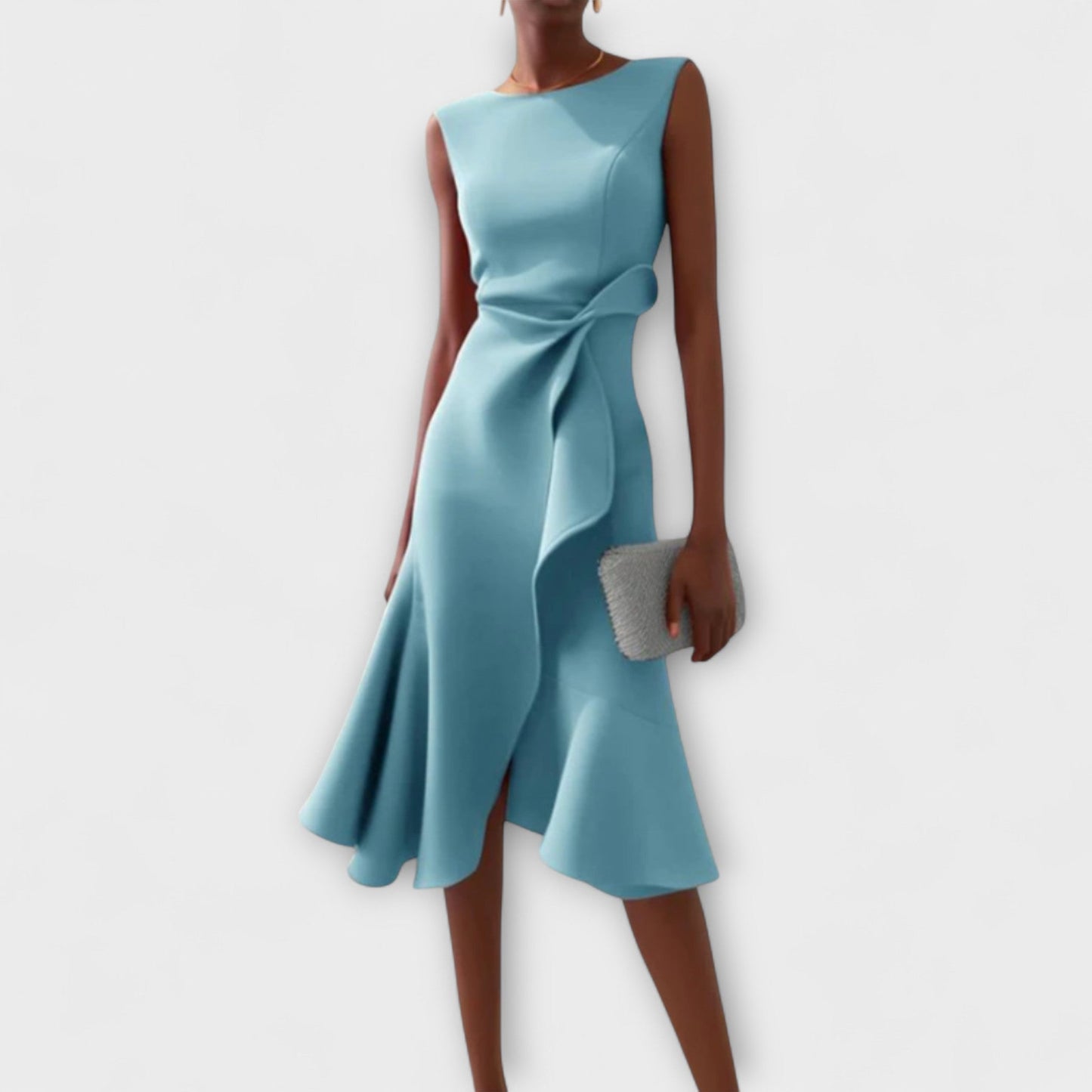 Vestido midi sofisticado sin mangas con cintura entallada y falda con vuelo para mujer