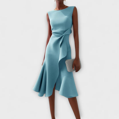 Vestido midi sofisticado sin mangas con cintura entallada y falda con vuelo para mujer