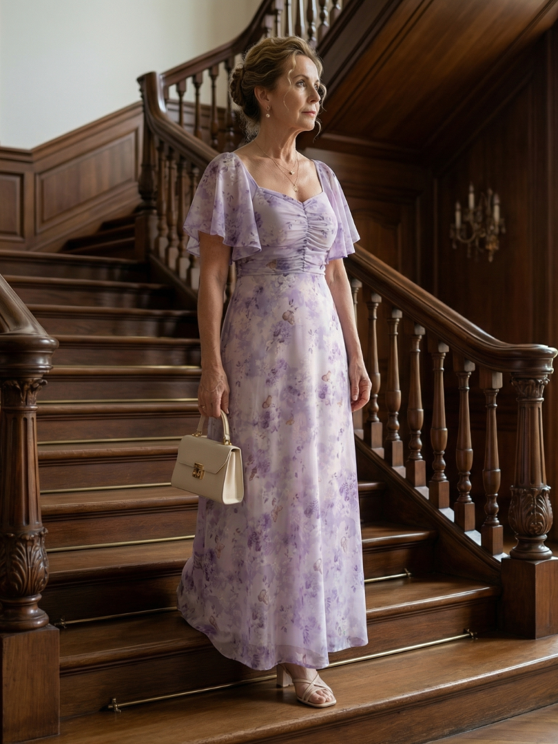 Vestido Midi con Estampado Floral y Pliegues | Manga Larga Elegante