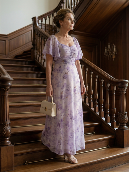Vestido Midi con Estampado Floral y Pliegues | Manga Larga Elegante