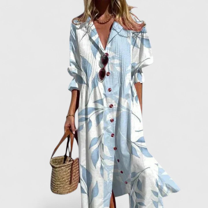 Vestido bohemio elegante con estampado artístico, escote en V con botones y falda midi fluida para mujer
