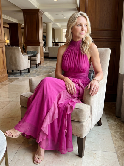 Vestido Maxi con Cuello Alto y Volantes Recogidos | Estilo Elegante