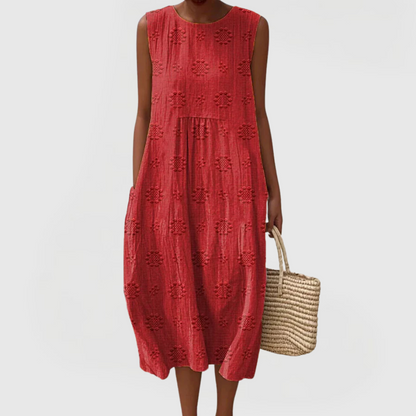 Vestido midi elegante sin mangas con bolsillos laterales y tejido ligero para mujer, cómodo y versátil para verano o diario