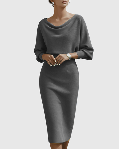 Vestido midi drapeado con mangas murciélago y escote elegante para mujer, sofisticado y cómodo para oficina o evento