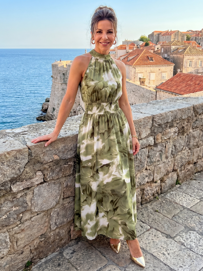 Vestido Midi con Estampado Floral y Cintura Recogida | Diseño Abstracto