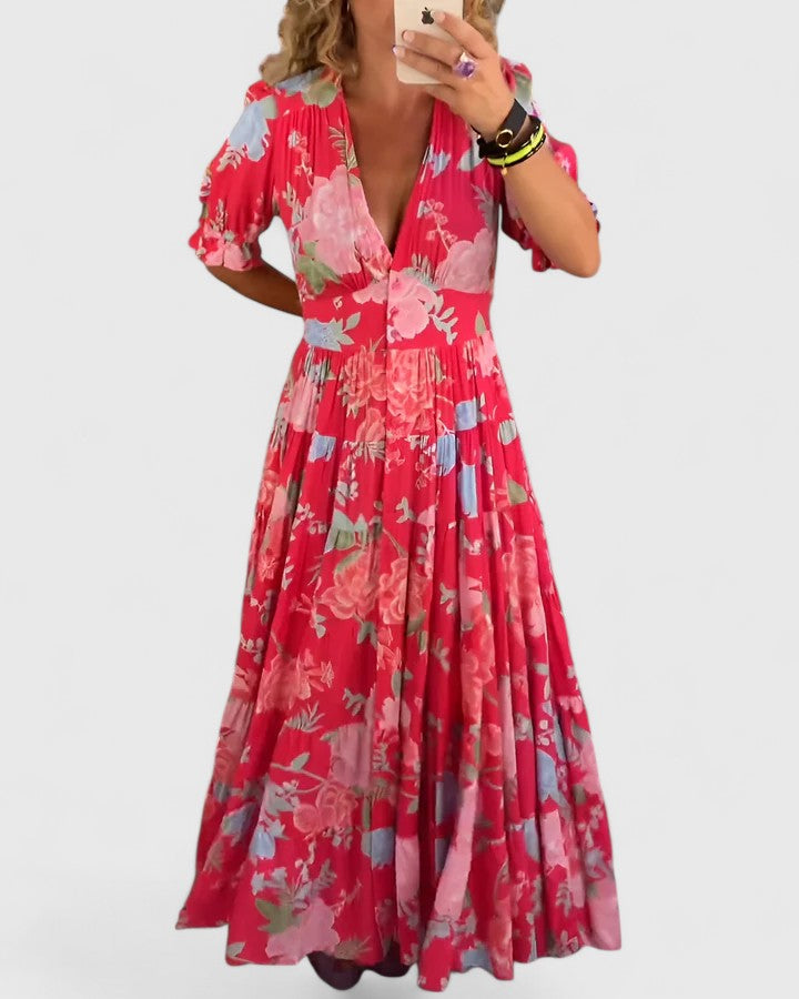 Vestido con flores con cuello en V
