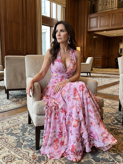 Vestido Maxi Cuello Halter Corpiño Fruncido Floral | Estilo Verano