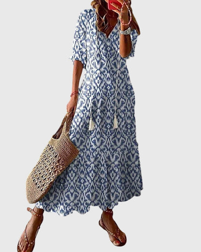 Vestido boho vintage de verano con estampado floral, escote en V y falda maxi fluida para mujer