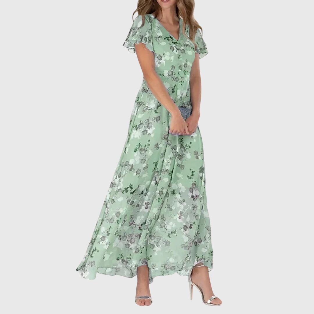 Vestido maxi favorecedor con escote en V y estampado floral para mujer, ligero y elegante para verano o evento