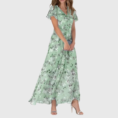 Vestido maxi favorecedor con escote en V y estampado floral para mujer, ligero y elegante para verano o evento