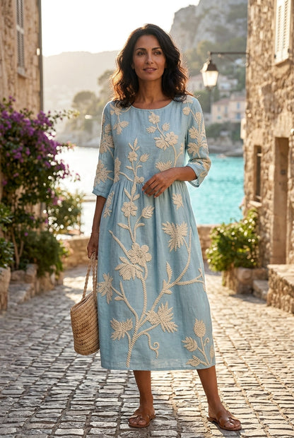 Valentina | Vestido Midi Fluido con Bordados Florales para Mujer de Vintage Elegante