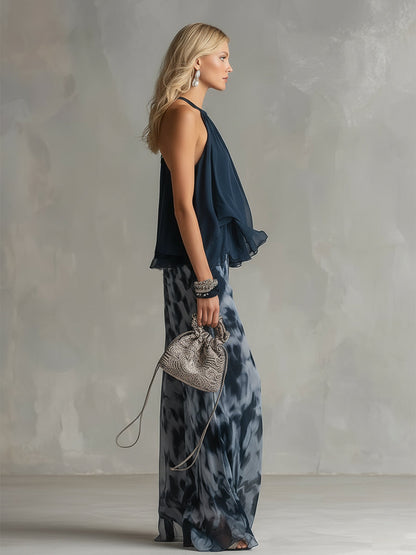 Conjunto de gasa elegante con top de cuello alto para mujer - fresco y elegante