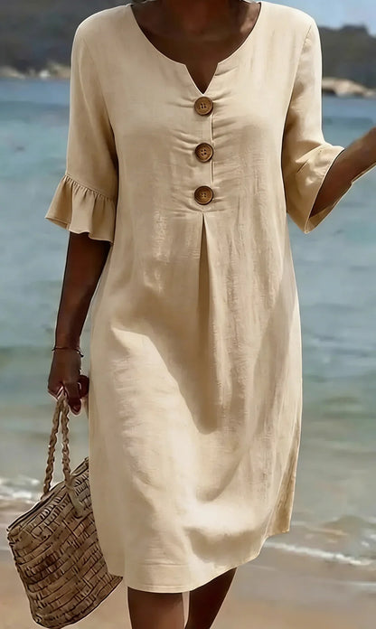 Vestido de lino con manga abullonada para mujer - fresco y elegante