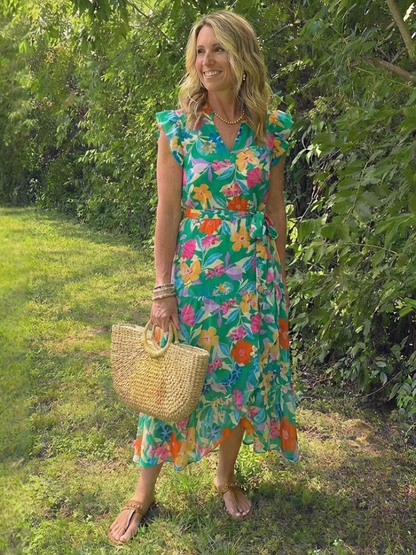 Vestido midi floral con capas en Verde y Azul claro - fresco y elegante