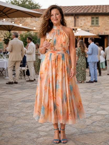 Vestido Midi Suave con Cuello Halter y Efecto Recogido | Diseño Elegante
