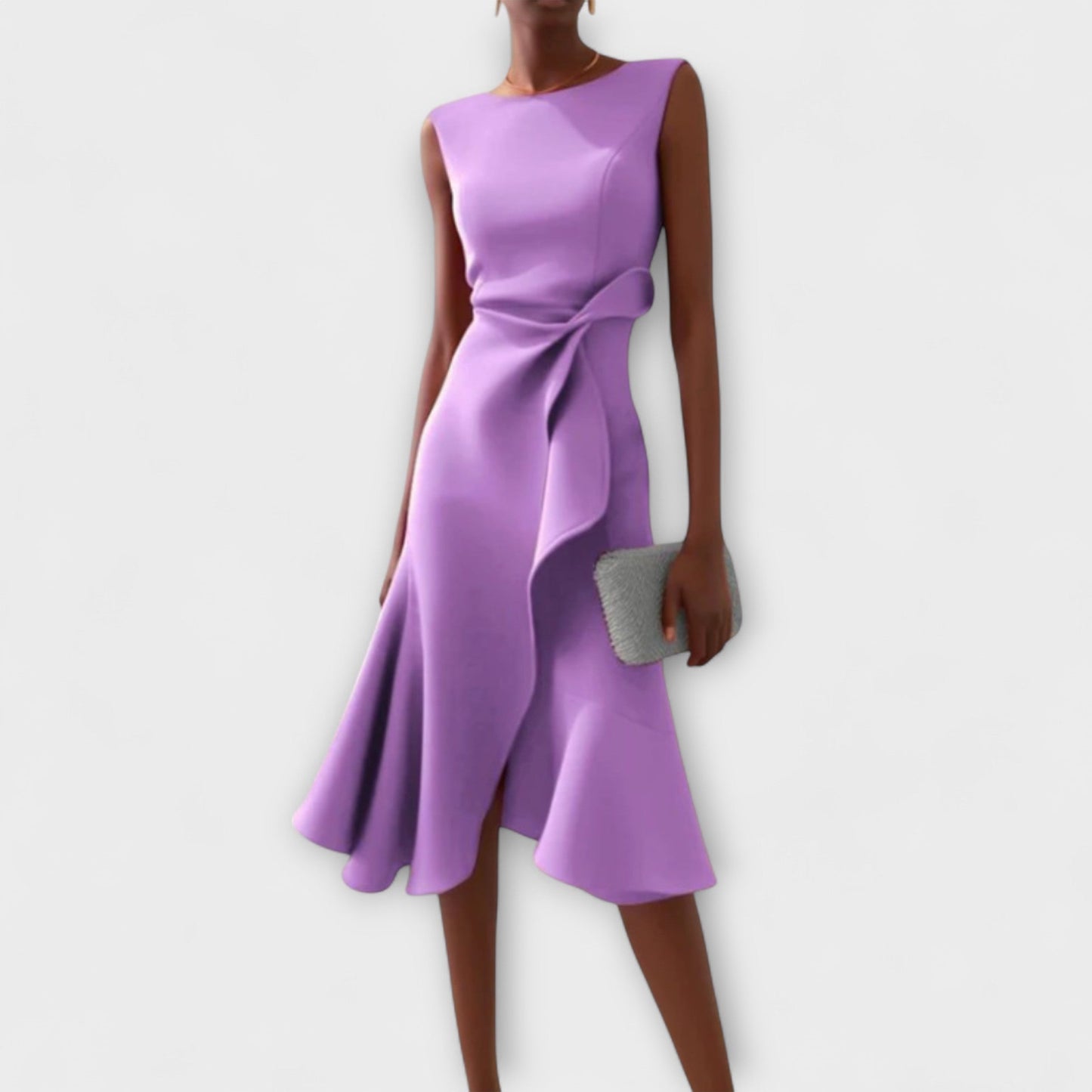 Vestido midi sofisticado sin mangas con cintura entallada y falda con vuelo para mujer