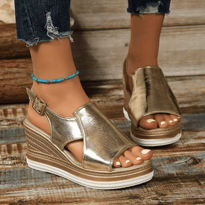 Sandalias ortopédicas de cuña con tiras metálicas y plantilla ergonómica para mujer, cómodas y elegantes para verano o diario