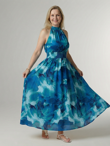 Vestido Midi con Estampado Floral Recogido y Cuello Halter | Diseño Elegante