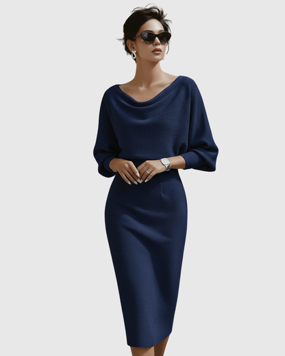 Vestido midi drapeado con mangas murciélago y escote elegante para mujer, sofisticado y cómodo para oficina o evento