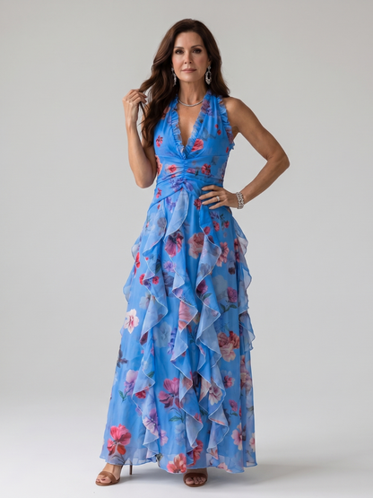 Vestido Maxi Cuello Halter Corpiño Fruncido Floral | Estilo Verano