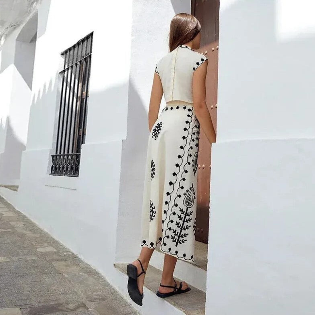 Conjunto de verano de dos piezas con top sin mangas y falda larga estampada para mujer, ligero y elegante