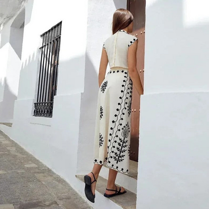 Conjunto de verano de dos piezas con top sin mangas y falda larga estampada para mujer, ligero y elegante