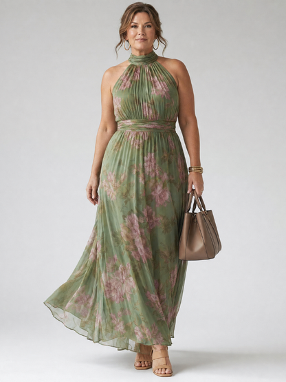 Vestido Midi con Cuello Halter y Estampado Floral | Diseño Recogido