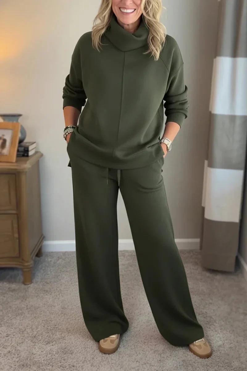 Elegante conjunto informal de dos piezas para mujer con top de cuello alto y pantalón ancho cómodo
