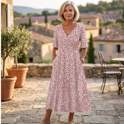 Flor | Vestido Midi de Lunares con Corte Elegante que Favorece la Barriga para Mujer