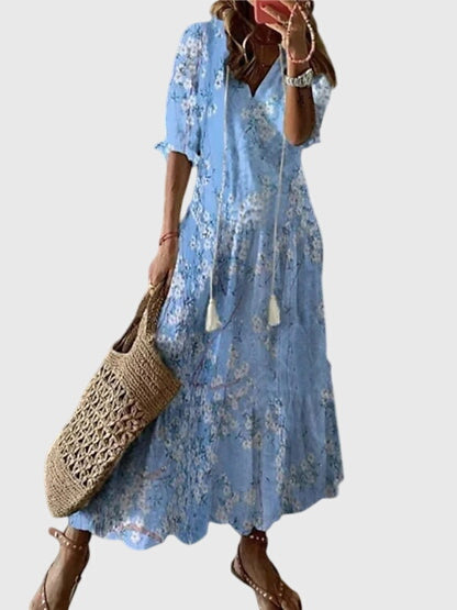 Vestido boho vintage de verano con estampado floral, escote en V y falda maxi fluida para mujer